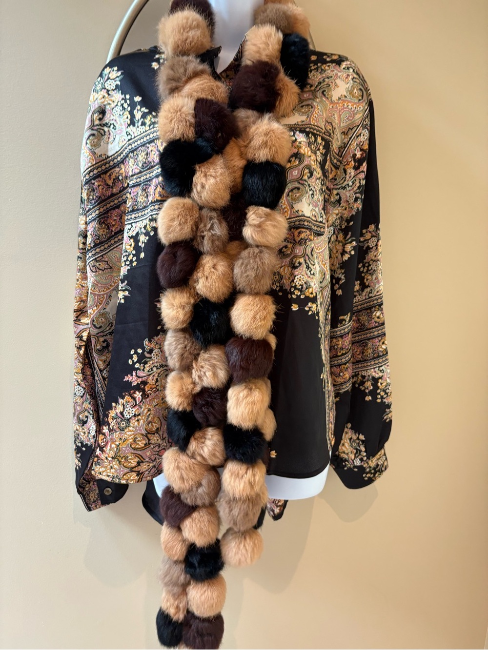 CEJON Rabbit Fur POM POM Scarf/Wrap- Super Long, FLUFFY 76”!!! Long Brown/Tan